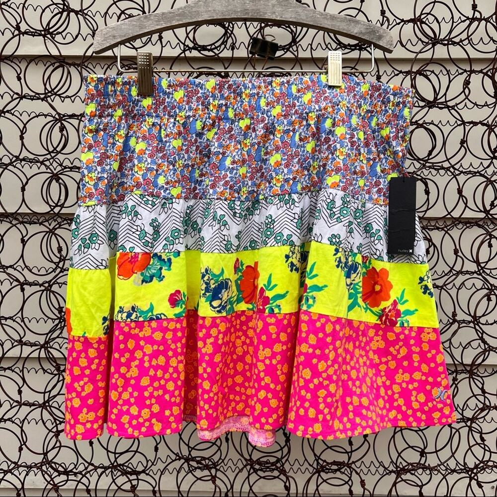 Hurley floral bright neon tiered floral boho mini skirt LARGE